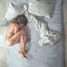 a painting of a woman laying in bed with her head on the pillow and arms crossed