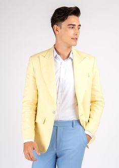 Liberty Light Yellow Linen Jacket - SARTORO Light Lemon Yellow Outfit, Tailored Long Sleeve Summer Blazer, Tailored Long Sleeve Blazer For Summer, Tailored Summer Blazer With Long Sleeves, Fitted Single Button Summer Outerwear, Fitted Single-breasted Summer Outerwear, Fitted Notch Lapel Summer Outerwear, Fitted Notch Lapel Outerwear For Summer, Fitted Summer Outerwear With Notch Lapel