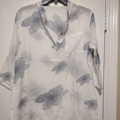 Sheer White Blouse With Dusty Blue Flowers Size L - 3/4 Sleeves New Without Tags 100% Polyester Smoke Free Home Dusty Blue Flowers, Sheer White Blouse, Blue Floral Blouse, White Blouse, Floral Blouse, Dusty Blue, No Brand, White Tops, Blue Flowers