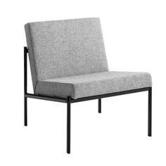 a grey chair with black legs and a gray seat pad on the back, against a white background