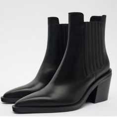 The Fall/Winter Must Have Boots. Genuine Leather Upper Boots. Point Toe. Look And Feel Expensive. Brand New!! Winter Must Haves, Zara Leather, Cowboy Western, Zara Shoes, Moto Boots, Zara Black, Western Cowboy, Black Ankle Boots, Cow Leather