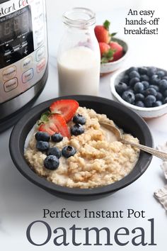 oatmeal with strawberries and blueberries in front of an instant pot