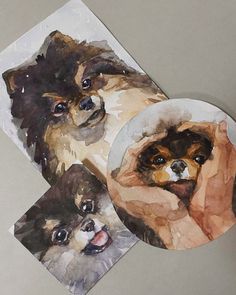 two pictures of dogs on paper with one dog's face painted in watercolor