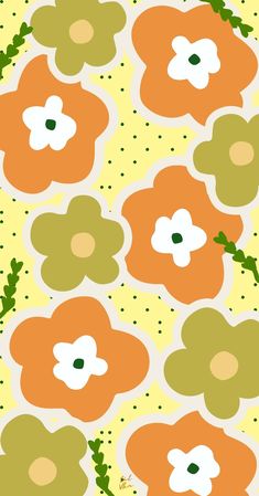 an orange and green flower pattern on a yellow background