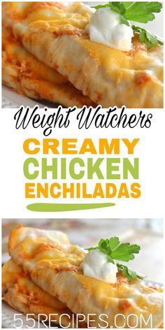 three different views of some food with cheese and sauce on it, including chicken enchiladas