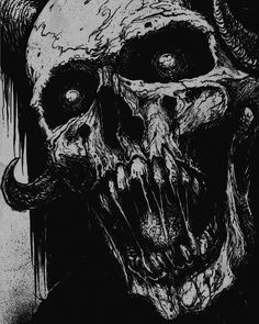 a black and white drawing of a demon skull with horns on it's head