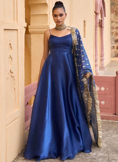 Royal Blue Anarkali Dresses, Royal Blue Indian Dress, Satin Indian Outfit, Royal Blue Kurti Design, Satin Suits Women Indian, Satin Anarkali Dress, Royal Blue Indian Outfit, Girlish Saree, Blue Anarkali Dress