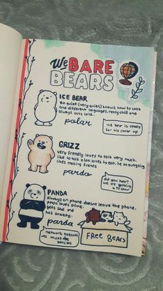 an open book with some drawings on it's cover and the words we bare bears