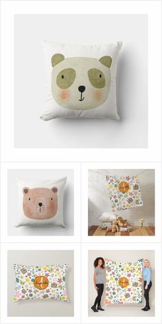 four pillows with different designs on them, including a teddy bear and other things in the background