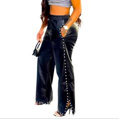 Material: Pu/ Faux Leather Waistline: Natural/ Elastic Spec: Silver Design Studs Fit Type: Loose Wide Leg Style: Casual/Evening Black Men Fashion Urban, Outfits Y2k, Casual Bottoms, Black Leather Pants, Street Trends, Style Noir, Elastic Waist Pants, Pantalon Large, Type Of Pants