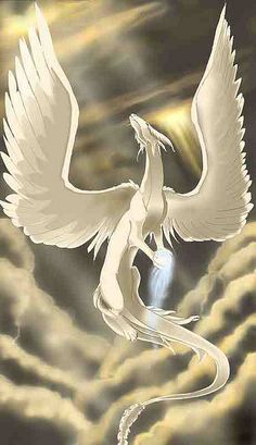 a white dragon flying through the sky with clouds in the back ground and light shining on it's wings