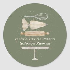 the logo for custom cakes and sweets by jennifer brownson on a round sticker