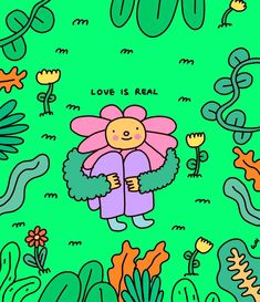 an image of a cartoon character holding a flower in the middle of plants and flowers