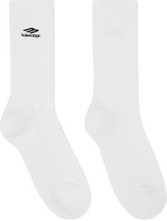 Calf-high knit stretch cotton-blend socks in white. Logo embroidered at rib knit cuffs. Supplier color: White/Black Balenciaga Socks, White Balenciaga, Balenciaga Clothing, Baseball Socks, Black Balenciaga, Balenciaga Logo, Sport Icon, Chain Strap Bag, Oversized Tote Bag