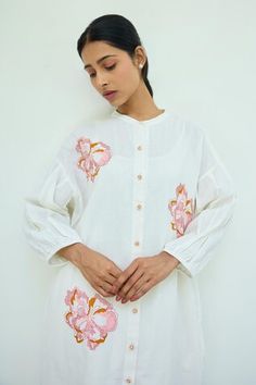 White cotton midi dress with big floral embroidery and pleated sleeves. - Aza Fashions Big Floral, Embroidered Midi Dress, Pleated Sleeves, Cotton Midi Dress, Mandarin Collar, Women Dresses, Aza Fashion, Floral Embroidery, White Cotton