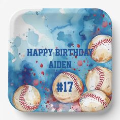 a happy birthday plate with baseballs and the number 17 on it's side