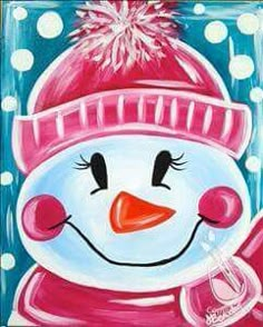 a painting of a smiling snowman wearing a red hat and scarf with white polka dots