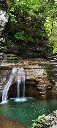 a small waterfall in the middle of a forest