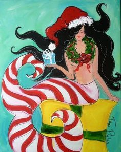 a painting of a woman holding a candy cane in her hand and wearing a santa hat