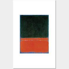 an orange and green painting on a white wall with a black square in the middle