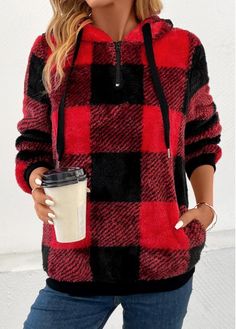 $36.98 - Check out this fun fashion item that is so intricate - Red Pocket Plaid Long Sleeve Hooded Sweatshirt - Description: Each and every item’s materials are handpicked and crafted with care for continued quality and style. Features: Stylish, Comfortable, High Quality, Unique Specs: 1 X Sweatshirt,Other,Casual,Red,S,M,L,XL,XXL   Size information: We recommend to choose a size larger than u... Fuzzy Hoodie, Buffalo Plaid Pattern, Half Zip Sweatshirt, Neck Hoodie, Hooded Tops, Gingham Print, Plaid Design, Drawstring Hoodie, Inspiration Mode