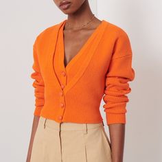 Derek Lam 10 Crosby Arden Cropped Double-Layered Cardigan Size S New With Tag Fitted Orange Cardigan For Spring, Cropped Wool Sweater, Brown Cardigan Sweater, Reversible Sweater, Puff Sleeve Cardigan, Fair Isle Cardigan, Textured Cardigan, Derek Lam 10 Crosby, Embroidered Cardigan