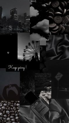 black and white collage with various images in the middle, including an image of a ferris wheel