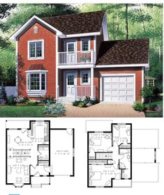 two story house plans with garage and living room on the first floor, one bedroom is above