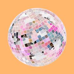 a disco ball with many different colors and shapes on an orange background, in the shape of a mosaic