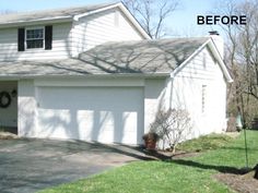 a white house with black shutters on the front and side windows before and after