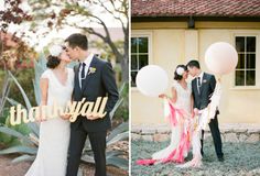 a bride and groom holding balloons in front of a house with the word thank you written on it