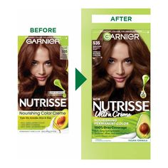 Garnier Nutrisse Ultra Crème Nourishing Permanent Color nourishes while delivering long-lasting hair color and 100% gray coverage. Garnier Nutrisse Nourishing Hair Color Creme, 535 Med Gold Mahogany Brown (Chocolate Caramel), 1 kit; Nourishing permanent color with five nourishing oils; avocado, olive, coconut, argan and shea 2x shinier, silkier and nourished hair vs uncolored, unwashed hair Rich, radiant, long-lasting hair dye with 100 percent gray coverage Nutrisse is available in over 70 cruel Chocolate Caramel Hair Color, Chocolate Caramel Hair, Light Brown Hair Dye, Beautiful Highlights, Beauty Hair Color, Color Conditioner, Hair Color Caramel, Brown Hair Dye, Hair Color Cream