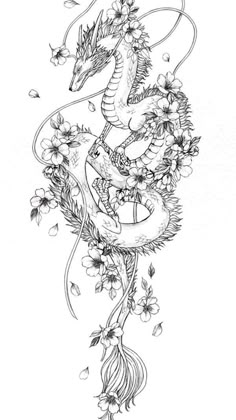 a drawing of a dragon with flowers on it