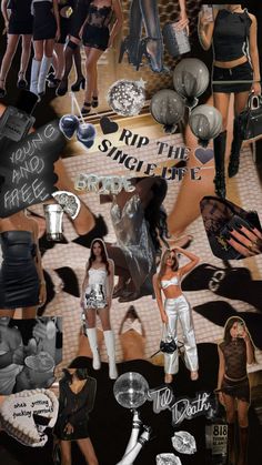 the collage shows several different types of women in black and white outfits, with words written on them