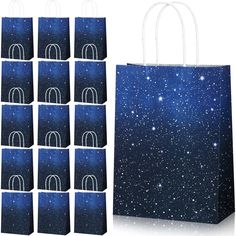 blue shopping bags with white handles and stars in the sky