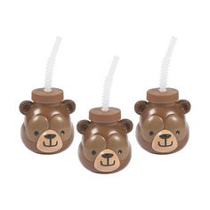 three brown bear shaped cups with straws in them