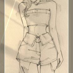 a pencil drawing of a woman in short shorts