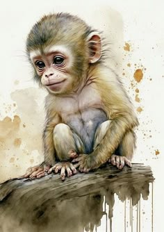 a painting of a monkey sitting on top of a tree branch with watercolor stains