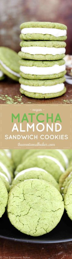 green cookies stacked on top of each other with the words matcha almond sandwich cookies