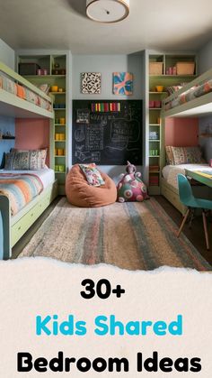 a bedroom with bunk beds and chalkboard walls in the corner, on top of a rug