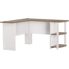 the corner desk has three shelves on each side