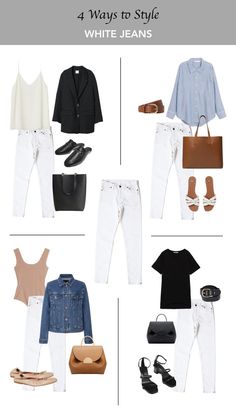 4 ways to style white jeans White Jeans Capsule Wardrobe, Natural Style Clothing Capsule Wardrobe, White Jeans 2023, Capsule Wardrobe 2023 Summer, 2023 Style Trends, Summer Classic Style, Style White Jeans, Essential Outfits, Classic Capsule Wardrobe