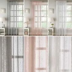 four different views of curtains with white and pink colors