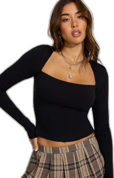 Trendy Stretch Long Sleeve Top In Elastane, Trendy Stretch Long Sleeve Top, Trendy Stretch Elastane Long Sleeve Top, Ribbed High Stretch Top For Night Out, Stretch Scoop Neck Top For Night Out, Fitted Ribbed Elastane Tops, Trendy Fitted Long Sleeve Top, Fitted Black Long Sleeve Top In Elastane, Fitted Long Sleeve Elastane Tops