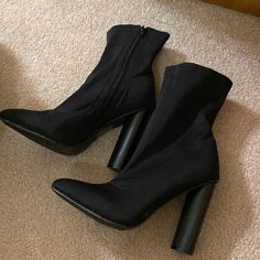 Never Worn Before Size 7 Excellent Condition Black Ankle-high Boots With Thick Bottom, Black Ankle-high Heeled Boots With Rubber Sole, Black Platform Ankle-high Moto Boots, Black Ankle-high Platform Boots With Padded Heel, Black Ankle-high Synthetic Heeled Boots, Shoes Heels Boots, Black Boots, Shoes Women Heels, Heeled Boots