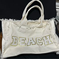 White Tote With “Beach” Glitter Letters Brand New (Without Tag) Purchased From Kenz Kustom Trendy Beach Bag For Beach Season, Trendy Cotton Beach Bag For Beach Season, Trendy Beach Bag For Beach Season Day Out, Trendy Beach Bag For Day Out, Trendy Cotton Beach Bag, Casual White Beach Bag With Letter Print, Trendy White Beach Bag For Vacation, Trendy White Beach Bag With Letter Print, Trendy Sand-colored Bag For Beach Season