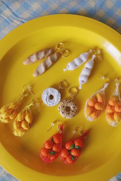 a yellow plate topped with lots of different items