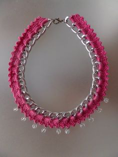 The necklace has a lightweight strong silver plated chain that has pink 100% fine cotton thread crochet & crystal transparent beads to the outside of it. Is finished with an easy to close with an easy labster clasp.  Perfect for any reason. Is light & easy to wear.  This necklace is unique.  I ship worldwide with register mail (with tracking number). Thankyou for looking <3 Handmade Pink Chain Necklace, Pink Beaded Necklace Chain As Gift, Pink Beaded Necklace With Chain As Gift, Pink Crochet Necklace, Crochet Crystal, Cotton Thread Crochet, Beaded Chain Necklace, Silver Necklace Statement, Thread Crochet