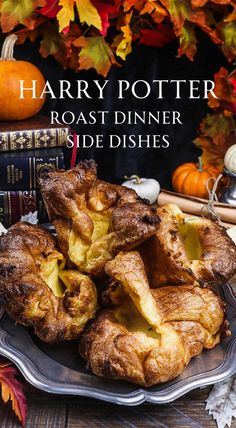 harry potter roast dinner side dishes on a plate with pumpkins and books in the background