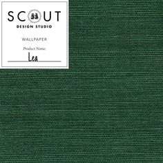 the textured wallpaper is dark green and has a white label that says scut design studio